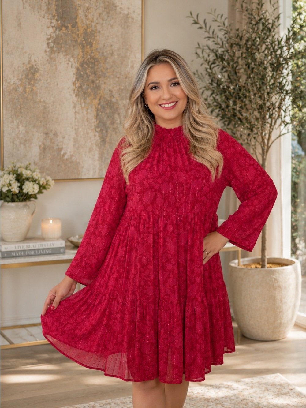 Smocked Yoke Long-Sleeve Red Tiered Dress